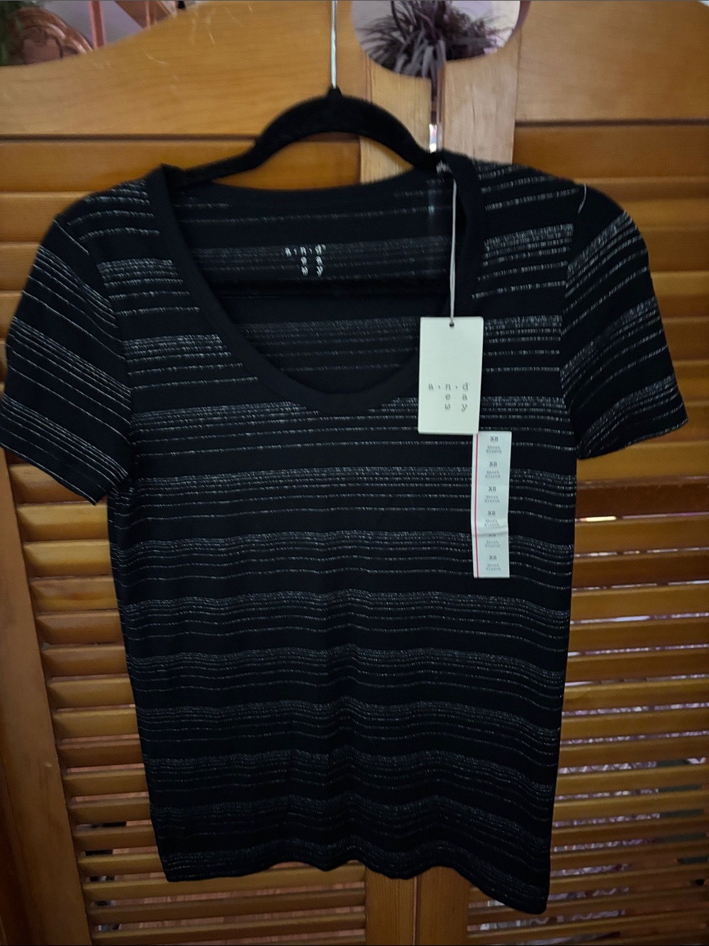 Black Metallic-Stripe Short-Sleeve Scoop Neck Tee